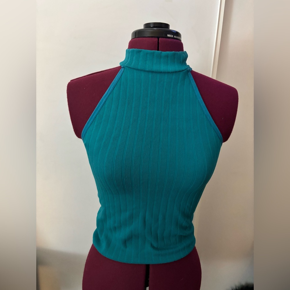 🍾NWOT Teal Ribbed Halter Mock Neck Tank Top, Size L/XL